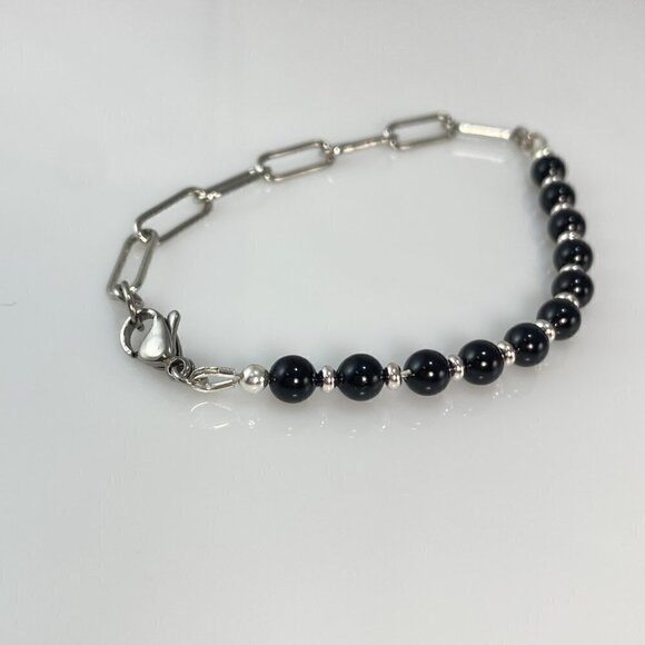 Austrian Crystal Pearls on Silver Paperclip Chain Link Bracelet Stainless Steel - Picture 2 of 6